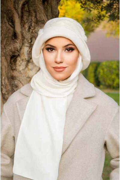 Aişe tesettür Krem Kürk Aksesuarlı Atkılı Vintage Şapka