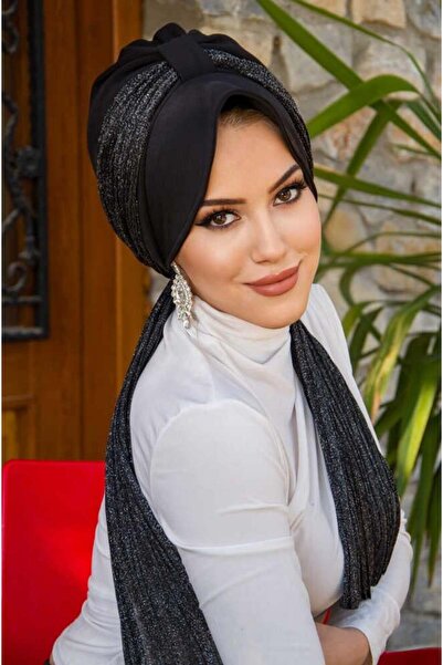 Aişe tesettür Siyah Pilise Fularlı Şapkalı Bone