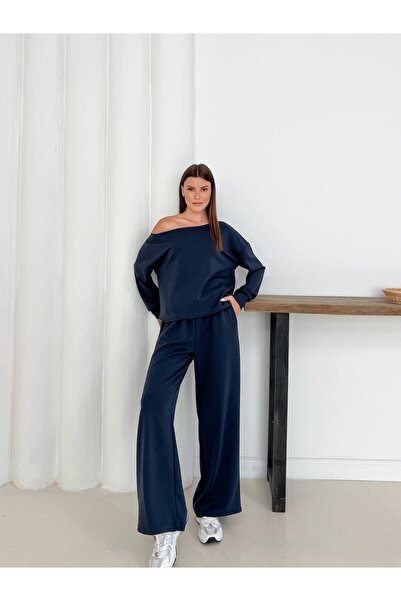 DESTEMIRA Modal Kumaş Oversize Kesim Düşük Omuz Bluz Yüksek Bel Cepli Pantolonlu Spor Takım