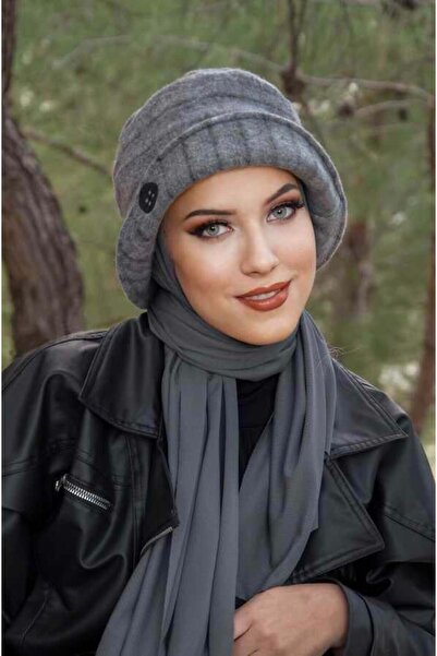 Aişe tesettür Füme Düğme Desen Bucket Şapka