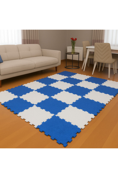 DECOZEYN Mavi Beyaz Modern Salon Oturma Odası Kreş Halısı Puzzle Halı/Peluş Halı