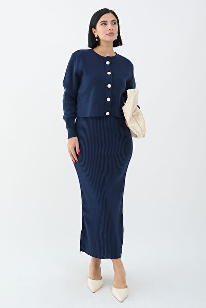 InStyle Súprava pleteného kardigánu s dvojitým rebrovaním v tmavomodrej farbe