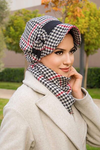 Aişe tesettür Kırmızı Siyah Kazayağı FiyonkluTesettür Şapka Ve Etol Takım