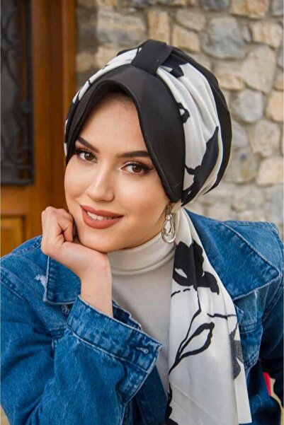 Aişe tesettür Siyah Beyaz Çiçek Desenli Şapka Bone