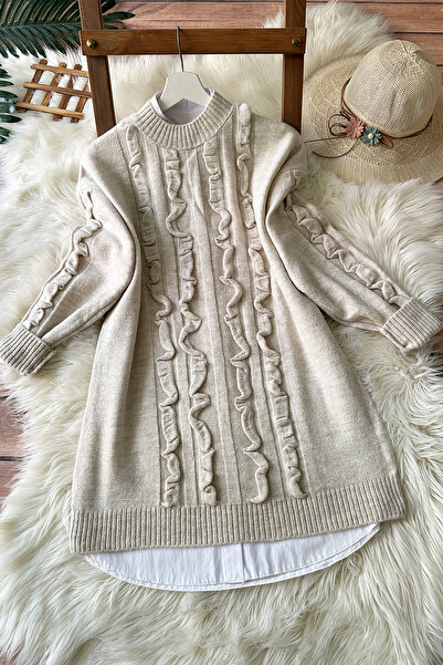 MODAQU Ruffle Detailed Soft Sweater Tunic 8770 - Stone