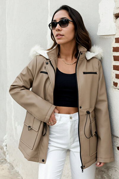 hiramir Kadın Deri Kapüşonlu Peluş Astarlı Mont Vizon KS2527