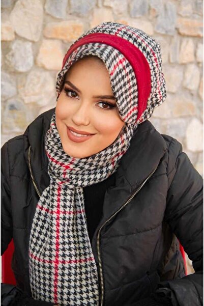 Aişe tesettür Red Black Houndstooth Pattern Hijab Hat