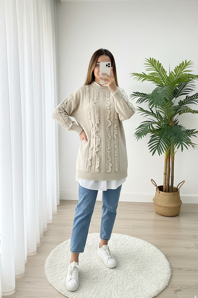 MODAQU Ruffle Detailed Soft Sweater Tunic 8770 - Stone