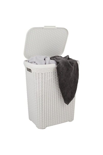 Saban Beyaz Plastik Hasır Desenli Kapaklı Çamaşır Sepeti – 55x43x33cm