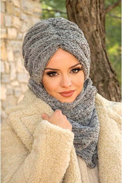 Aişe tesettür Gray Fur Drawstring Bonnet and Etol Set