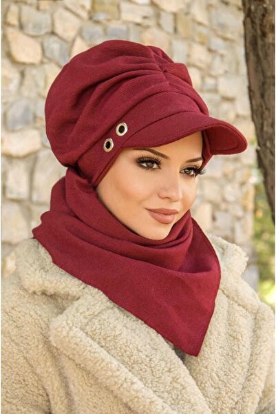 Aişe tesettür Bordo Metal Detaylı Büzgülü Tesettür Şapka Ve Etol Takım
