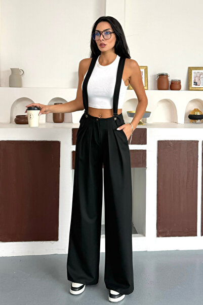 Ortaya Çık Black Slopetli Fabric Palazzo Pants with Elastic Waist