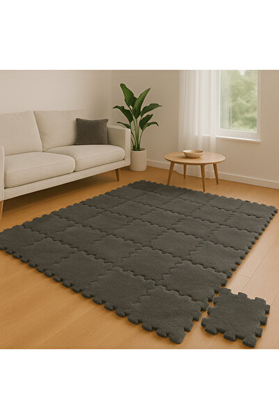 DECOZEYN Antrasit Renk Peluş Kreş Halısı Anaokulu puzzle halı Japonhalı