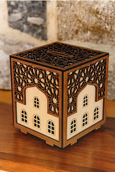 Bestah Ajans Ahşap Motifli Kilitli Kumbara Ve Sadaka Kutusu (BÜYÜK BOY)