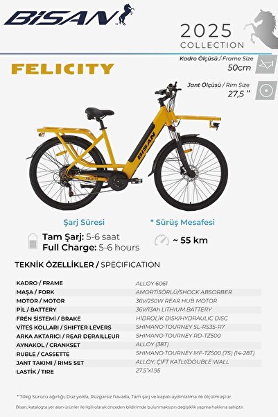 Bisan Felicity Elektrikli Bisiklet 50 Cm Disk Fren 27,5 Jant Shimano Tourney 7 Vites 55 Km Menzil Cat Sarı