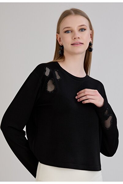 Sortie Bluză modală de culoare neagră guler rotund pentru femei, cu detaliu din plasă pe umăr și pe brațe