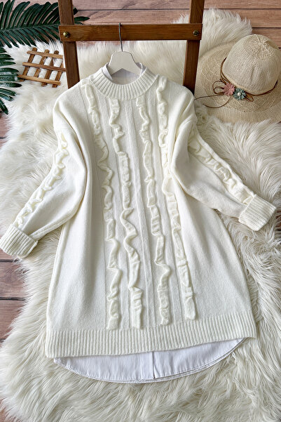 MODAQU Ruffle Detailed Soft Sweater Tunic 8770 - White