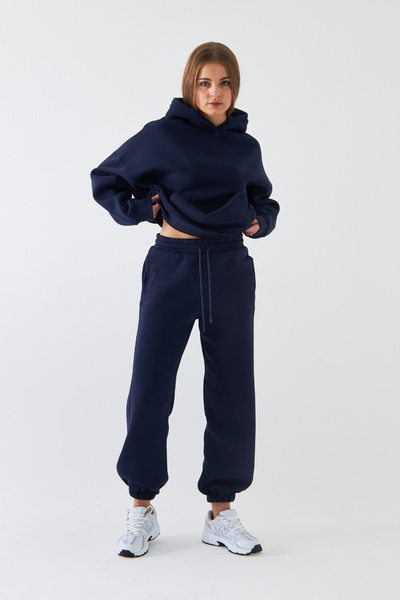 The Champ Clothing Σετ αθλητικής φόρμας Oversize Unisex Navy Blue – Basic, 3 Thread Fleece; Φούτερ με κουκούλα, ελαστικό κάτω μέρος