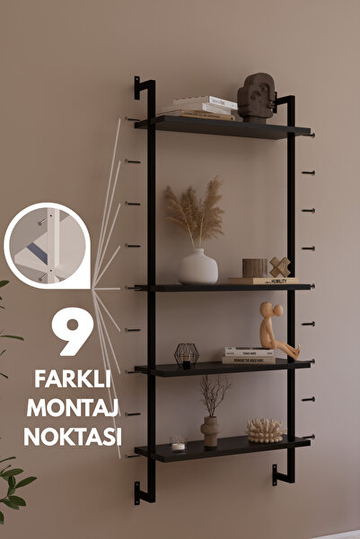 Phobia Modüler Model 4 Raflı Duvara Monte Kitaplık Duvar Rafı Aksesuar Rafı Siyah Raf 411