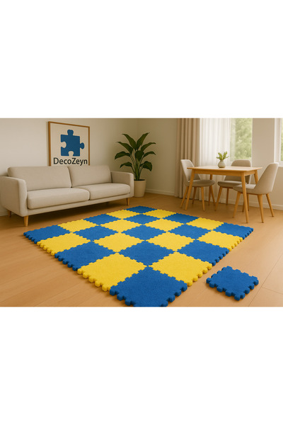 DECOZEYN Sarı Lacivert iki Renkli japonhalı,Taraftar Halısı puzzle Halı