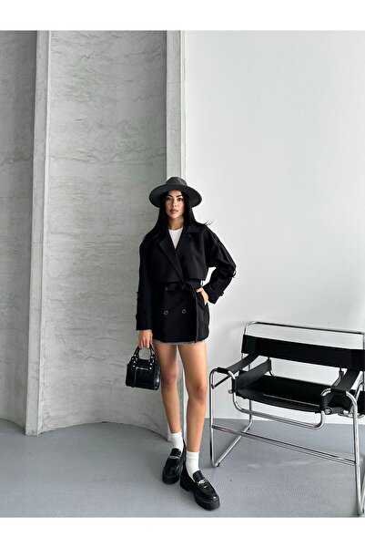 ParlaMira Women's Black Mid 100% Cotton Gabardine Windbreaker Detailed Buttoned Lined Premium Trench Coat