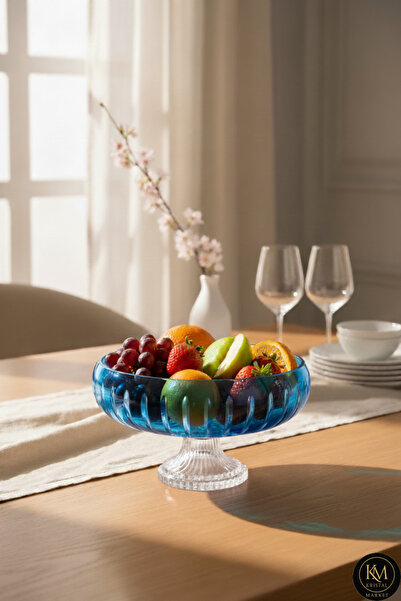 Kristal Market El Yapımı Kristal Vertical Desen 28 Cm Dekoratif Sunumluk Ayaklı Sofra Sunum Kasesi