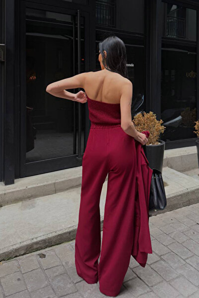 Ortaya Çık Burgundy Blazer Jacket Blouse Palazzo Pants 3 Piece Suit