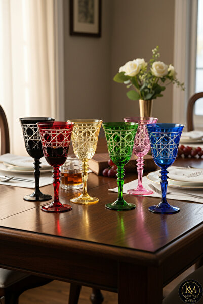 Kristal Market El Yapımı Kristal Dior Dekoratif Sunumluk Ayaklı Kadeh Su Bardağı Set 6'lı