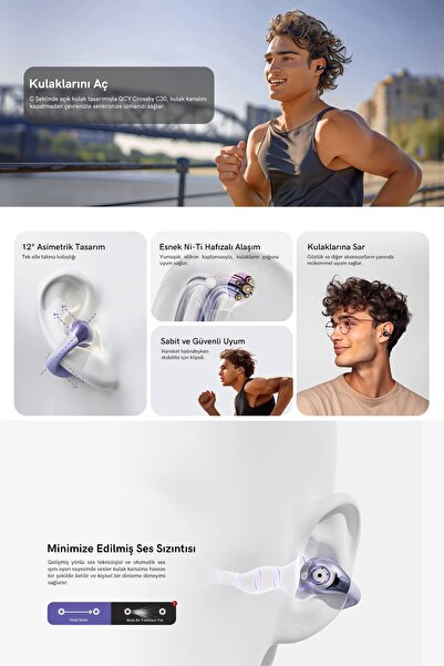 QCY C30 (QT33) Crossky Kablosuz Küpe Kulaklık 4 Mikrofon Enc Ipx5 Bluetooth 5.4 Mor