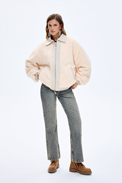 Quzu Δερμάτινο γαρνιρισμένο βελούδινο κοντό παλτό μπεζ