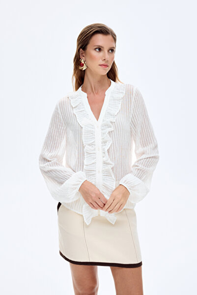 Quzu Fırfırlı V Yaka Transparan Gömlek Ekru