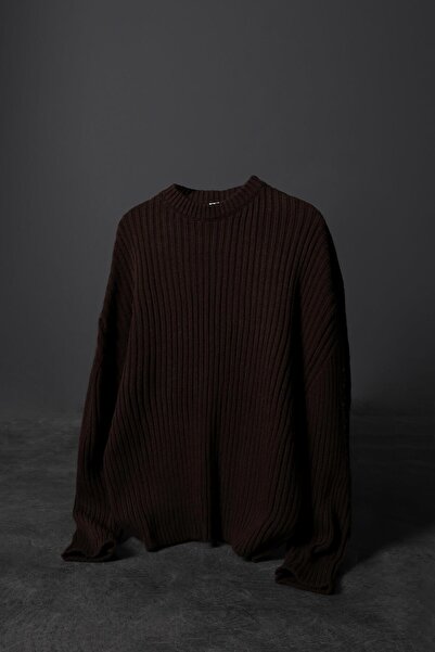 Slatra Мъжки кафяв дебел пуловер с ребра от вълнена смес с голям размер и велосипедна яка