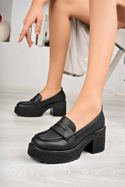 BAHRİNA kadın siyah cilt topuklu loafer mokasen ayakkabı