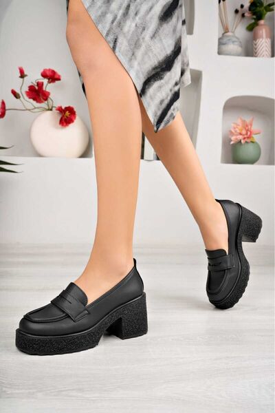 BAHRİNA kadın siyah cilt topuklu loafer mokasen ayakkabı