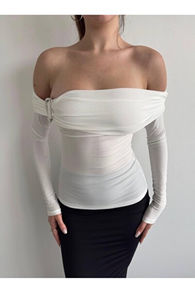 MYCPARL Λευκή μπλούζα με μακρύ μανίκι με λεπτομέρεια με αγκράφα με λαιμόκοψη Madonna Φθινοπωρινή Ανοιξιάτικη μπλούζα Sandy