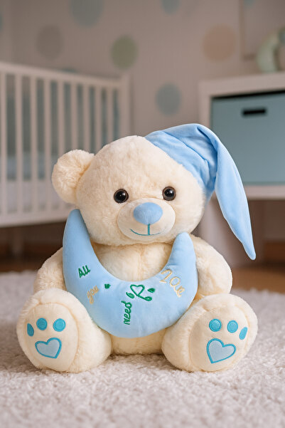 hak-iş oyuncak Plush Teddy Bear with Blue Hat and Moon Pillow – 35 cm