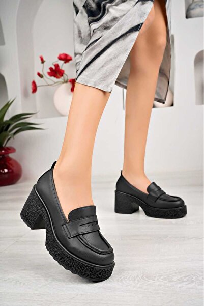 BAHRİNA kadın siyah cilt topuklu loafer mokasen ayakkabı