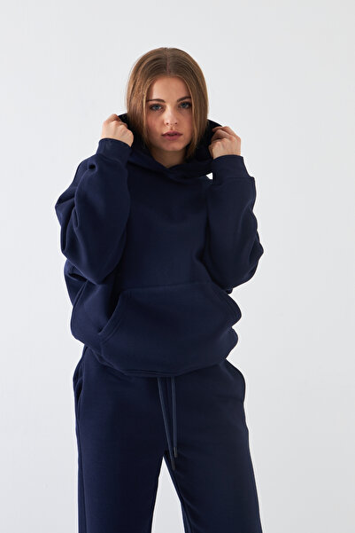 Gia Collection Оверсайз унісекс світшот з капюшоном, темно-синій – з капюшоном, 3-нитковий шардон, кишеня-кенгуру, базовий