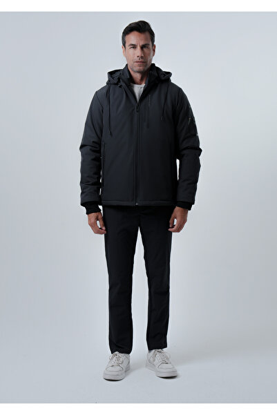 PIQUE Ανδρικό μαύρο παλτό με λεπτομέρεια εκτύπωσης, καπιτονέ επένδυση, SoftShell παλτό & μπουφάν