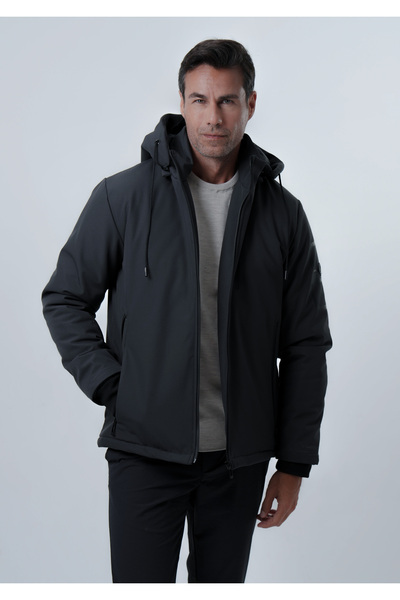 PIQUE Men's Black Coat with Print Detail, Quilted Lining, Softshell Coat & Jacket