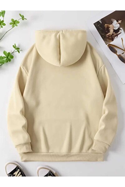 caddekombin Güneş Ay Gezegen Baskılı Kapüşonlu Cepli Pamuklu Bej Sweatshirt
