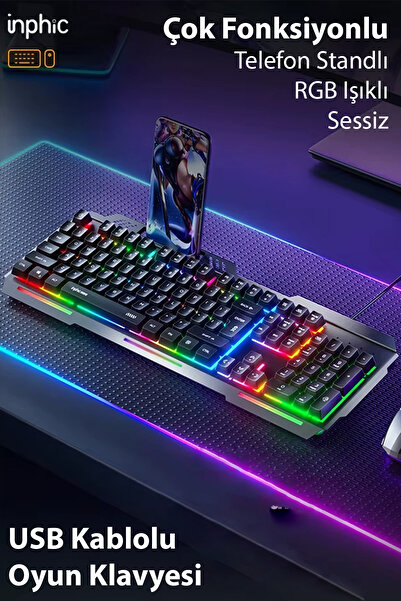 INPHIC K2 USB Kablolu Oyun Klavyesi 104-Key Sessiz Oyun Klavyesi Bilgisayar Laptop -Stand SIYAH