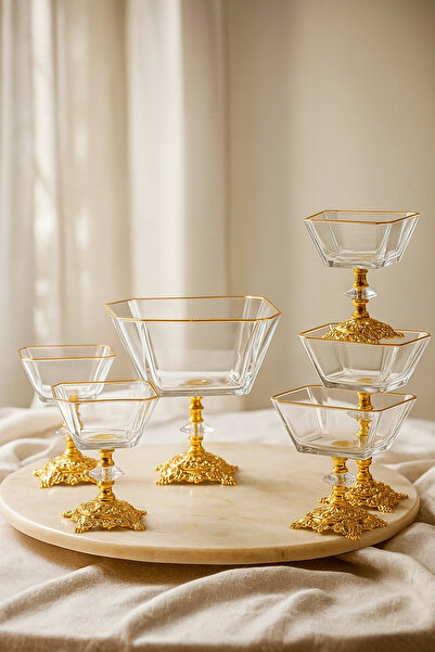 PLT Design 7 Pieces Large Size Salad - Gold Detailed Glass Magnolia Ice Cream Rack