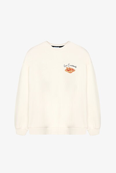 Quzu Croissant Printed Oversize Sweatshirt Ecru