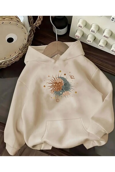 caddekombin Güneş Ay Gezegen Baskılı Kapüşonlu Cepli Pamuklu Bej Sweatshirt