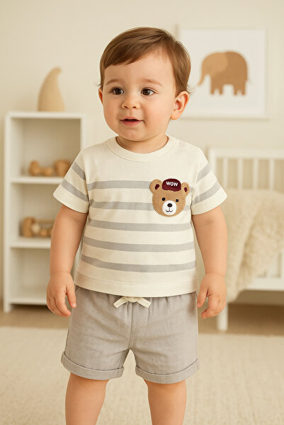MBK GARDEN Baby Boy Summer Bottom Top Set Muslin Shorts Teddy Bear Embroidered