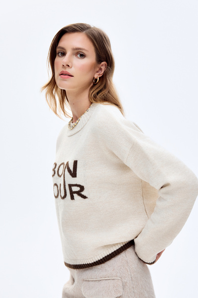 Quzu Tricotaj cu gât rotund Bine ați venit, pulover crem