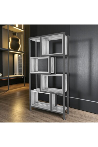 fursimo Oykotra Serisi Kitaplık 4 Büyük Raflı 90 Cm Beyaz Renk Siyah Metal Ay...