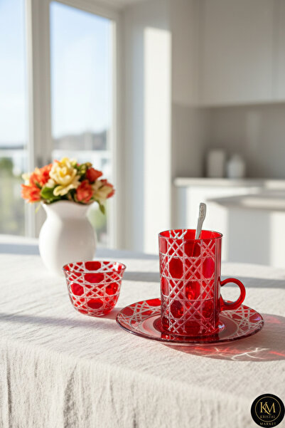 Kristal Market El Yapımı Kristal Desenli Kırmızı 6 Kişilik Çay Takımı Set 18 Parça