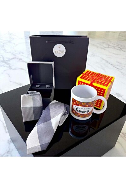 velve Set Twist Elegance pentru socru,cana personalizata,cutie 3 piese cu cravata, batista si butoni,Gri